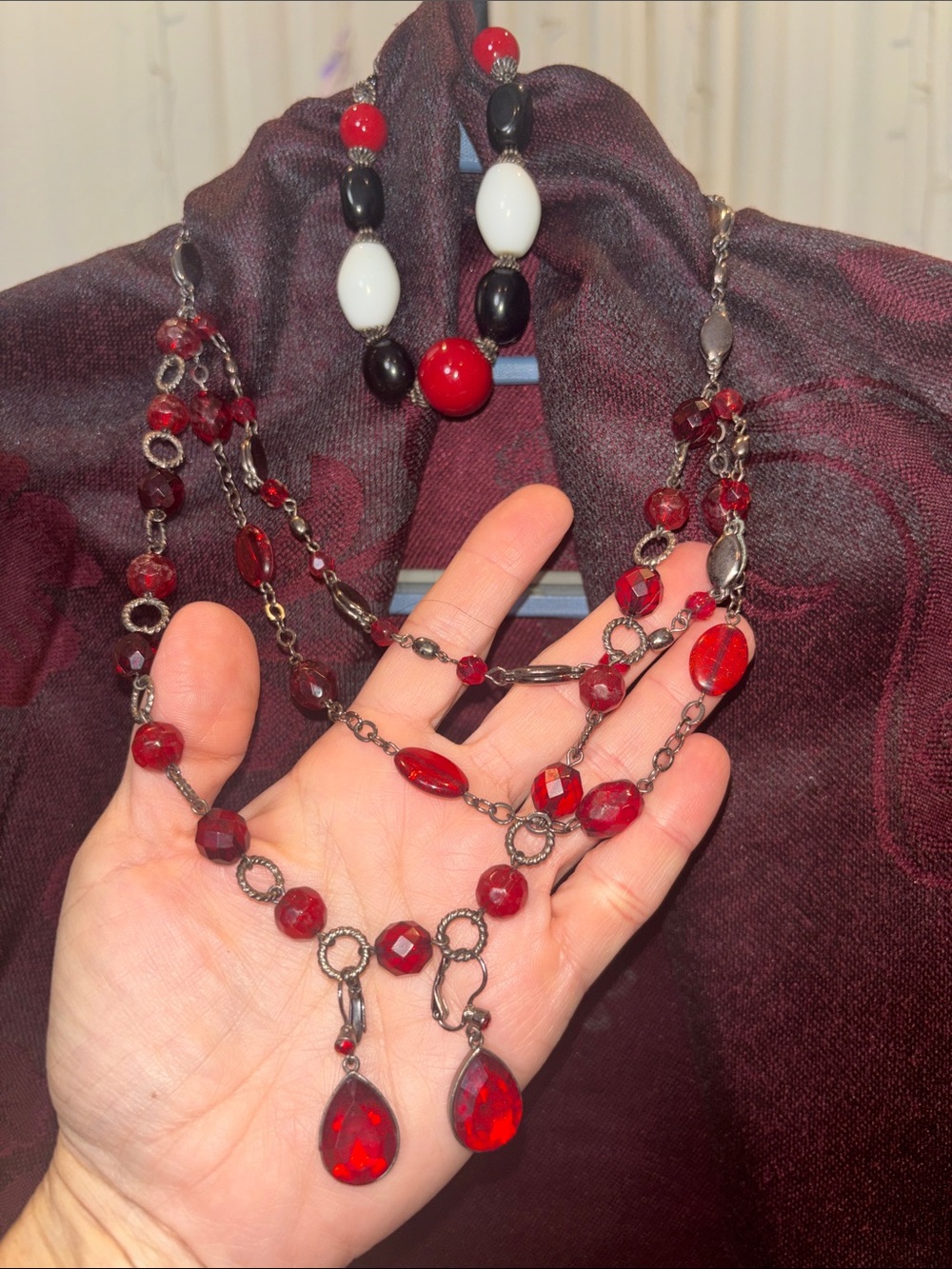 Elegant Women's Burgundy Floral Pashmina with necklace earrings and bracelet set